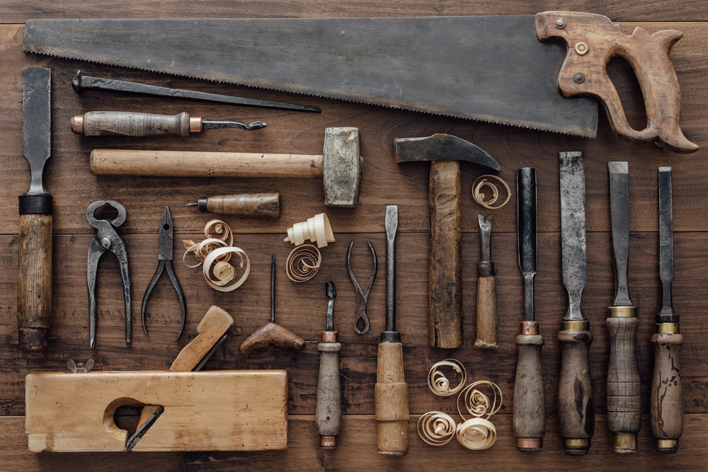Collection,Of,Vintage,Carpentry,Tools,On,An,Old,Workbench:,Woodworking,
